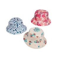 three bucket hats with floral designs on them