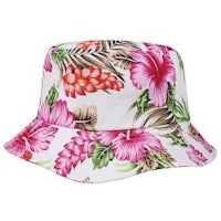 a white bucket hat with hibiscus flowers on it